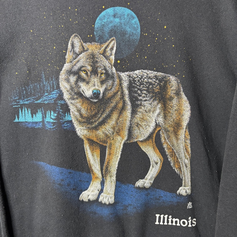 Vintage 90s Wolf Illinois Sweatshirt Mens XL Black Moon Graphic Tultex Grunge - Picture 2 of 9